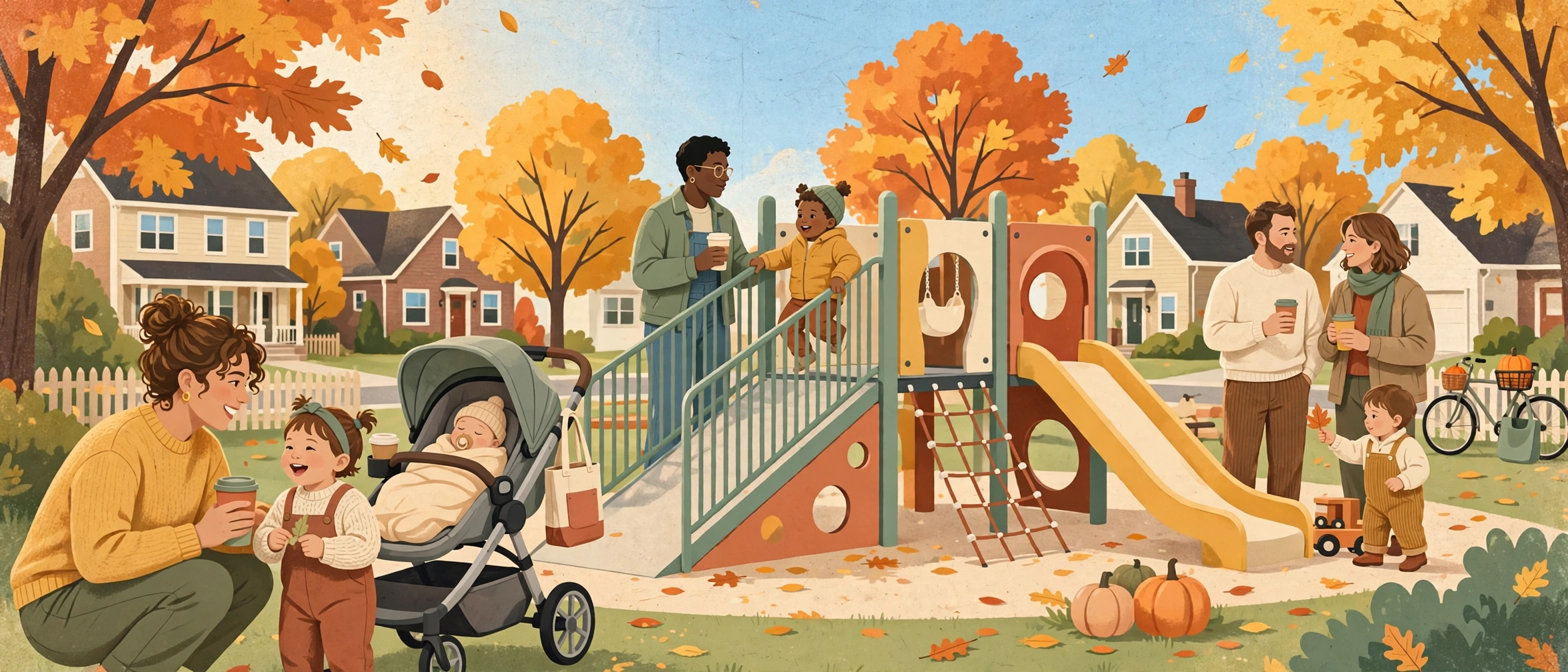 Illustration of South Jersey families with toddlers and a baby in a stroller at an autumn playground