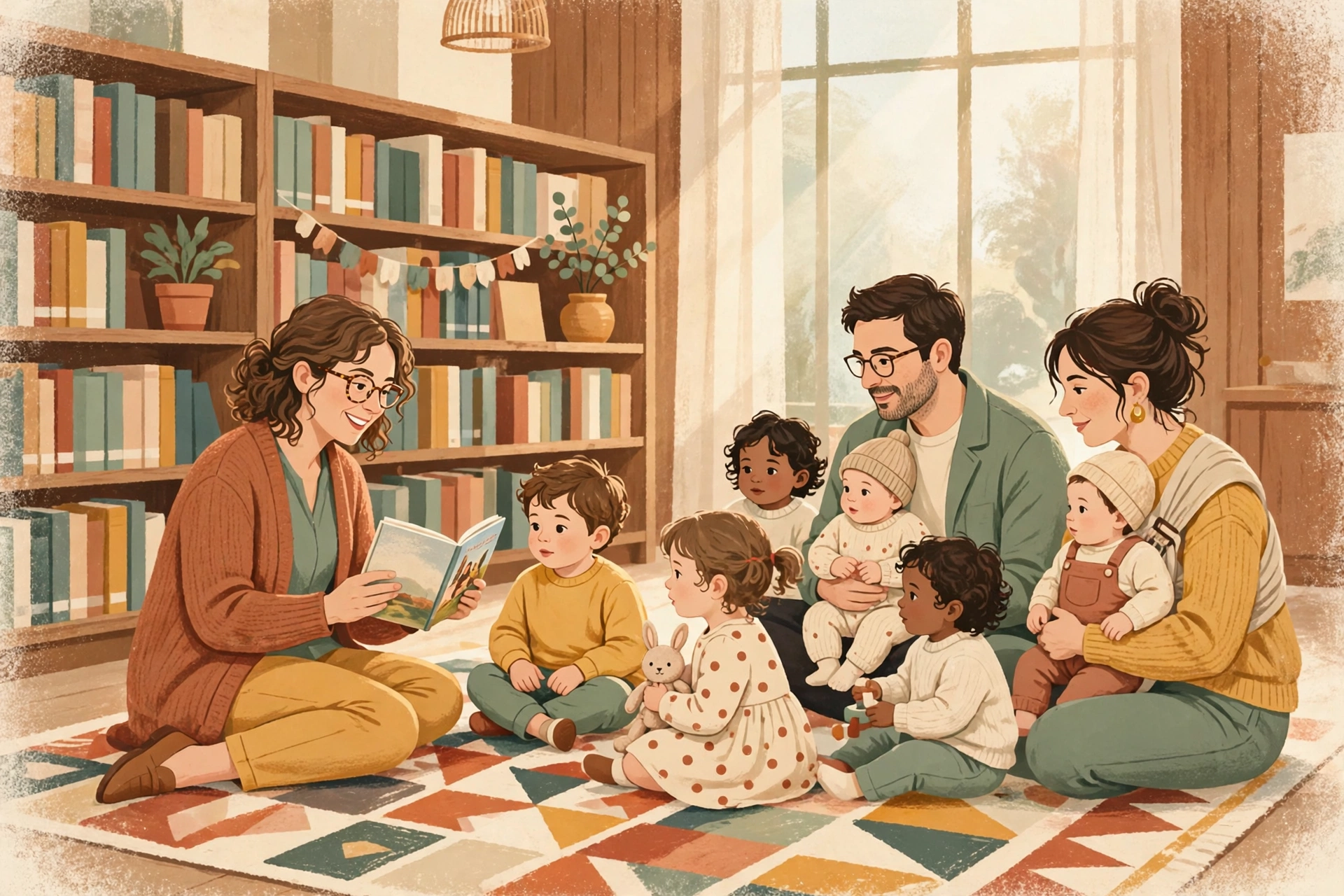 Illustration of a librarian reading to toddlers and babies on a rug at storytime