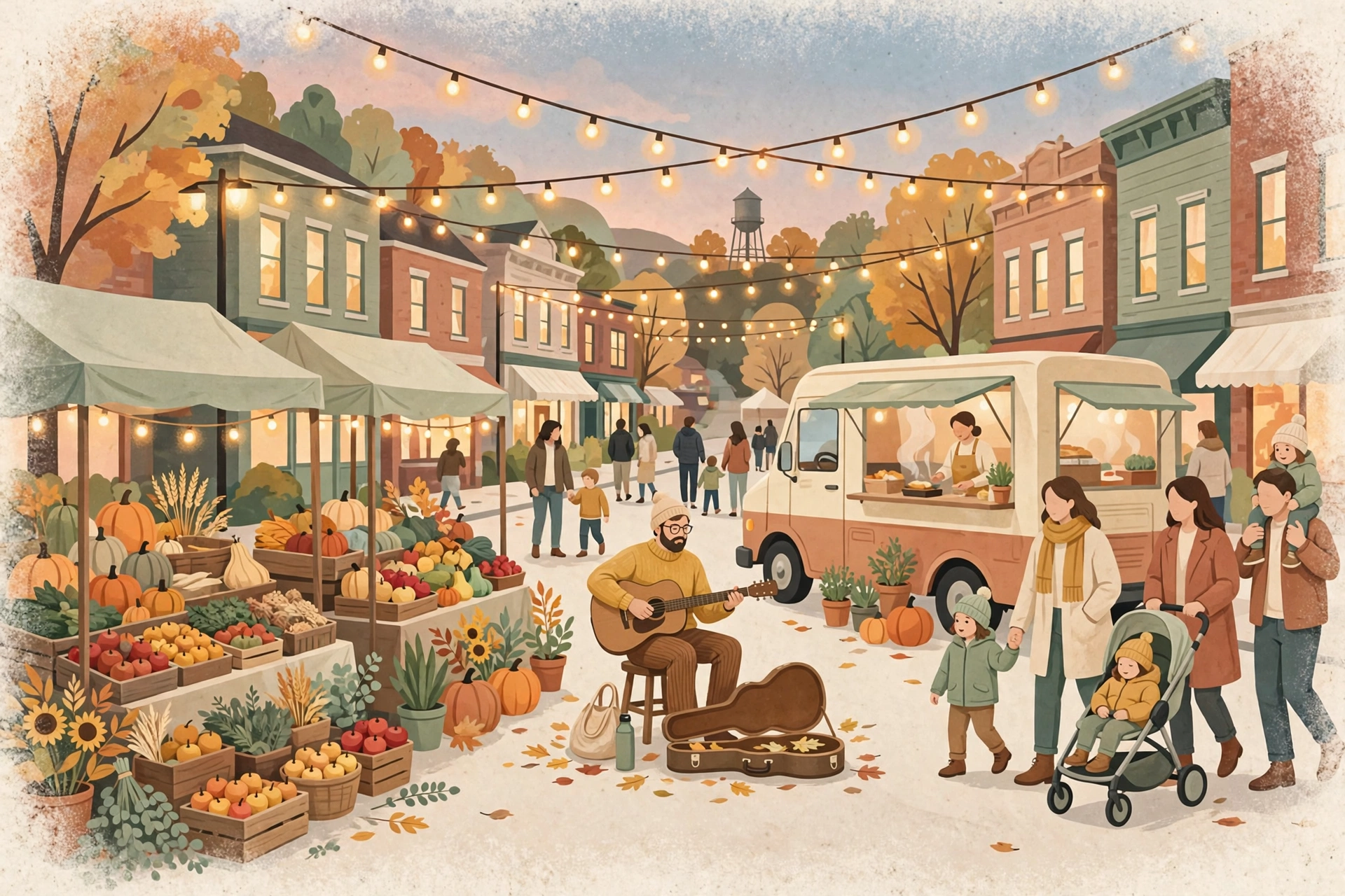 Illustration of an evening farmers market with string lights, farm stalls, and a food truck